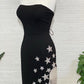 Black Strapless Sheath Slit Prom Dress with Stars and Fringes Off Shoulder With Slit