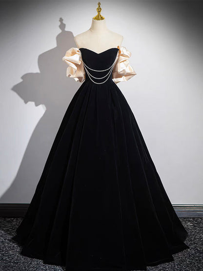 A-Line Black Velvet Long Prom Dress Evening Dress Off Shoulder december wedding guest dress