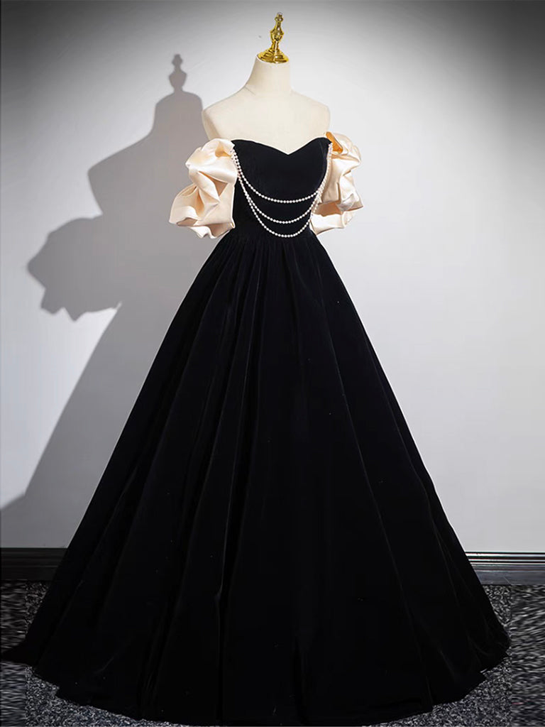 A-Line Black Velvet Long Prom Dress Evening Dress Off Shoulder december wedding guest dress