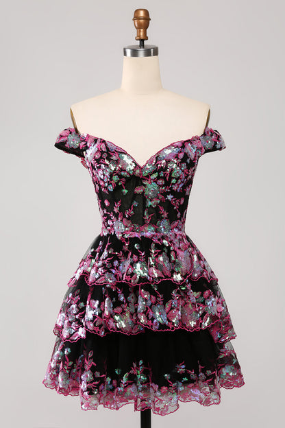 Sparkly Black Pink A-Line Corset Tiered Short Homecoming Dress Sexy