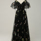 A-Line V-Neck Spaghetti Straps Embroidery Grey Blue Long Prom Dress with Slit Sexy