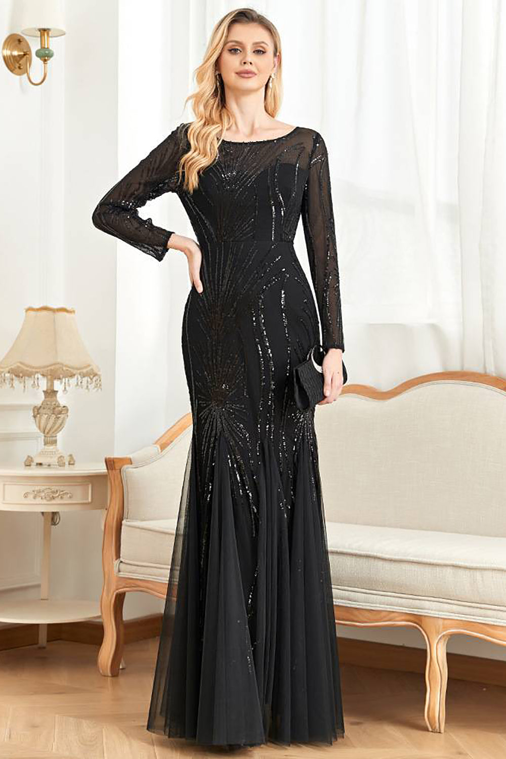 Black Mermaid Round Neck Long Prom Dress With Appliques Sparkly Evening Dresses