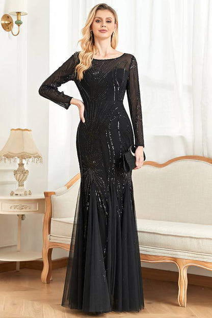 Black Mermaid Round Neck Long Prom Dress With Appliques Sparkly Evening Dresses
