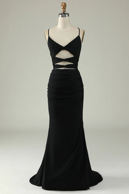 Mermaid Lace-Up Back Long Prom Dress Black Sexy Pure Color