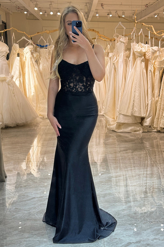 Mermaid Spaghetti Straps Corset Black Prom Dress With Appliques Sexy Evening Dresses