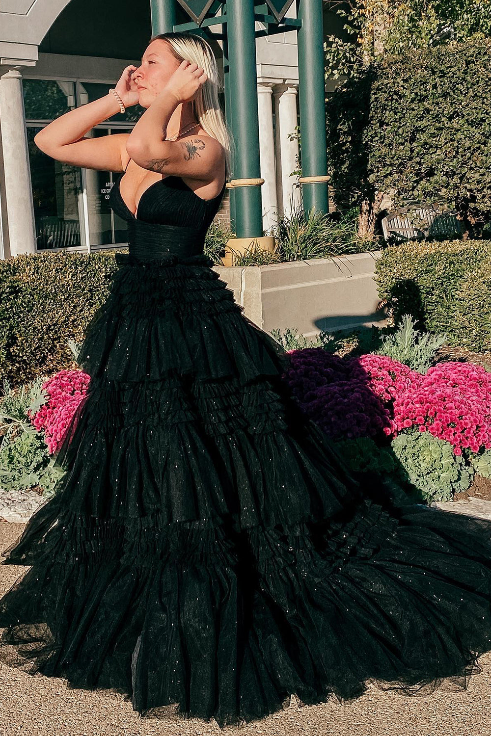 A-Line Deep V Neck Tiered Long Prom Dress Sexy