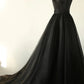 A-Line Tulle Long Prom Dress Off Shoulder Black Pure Color