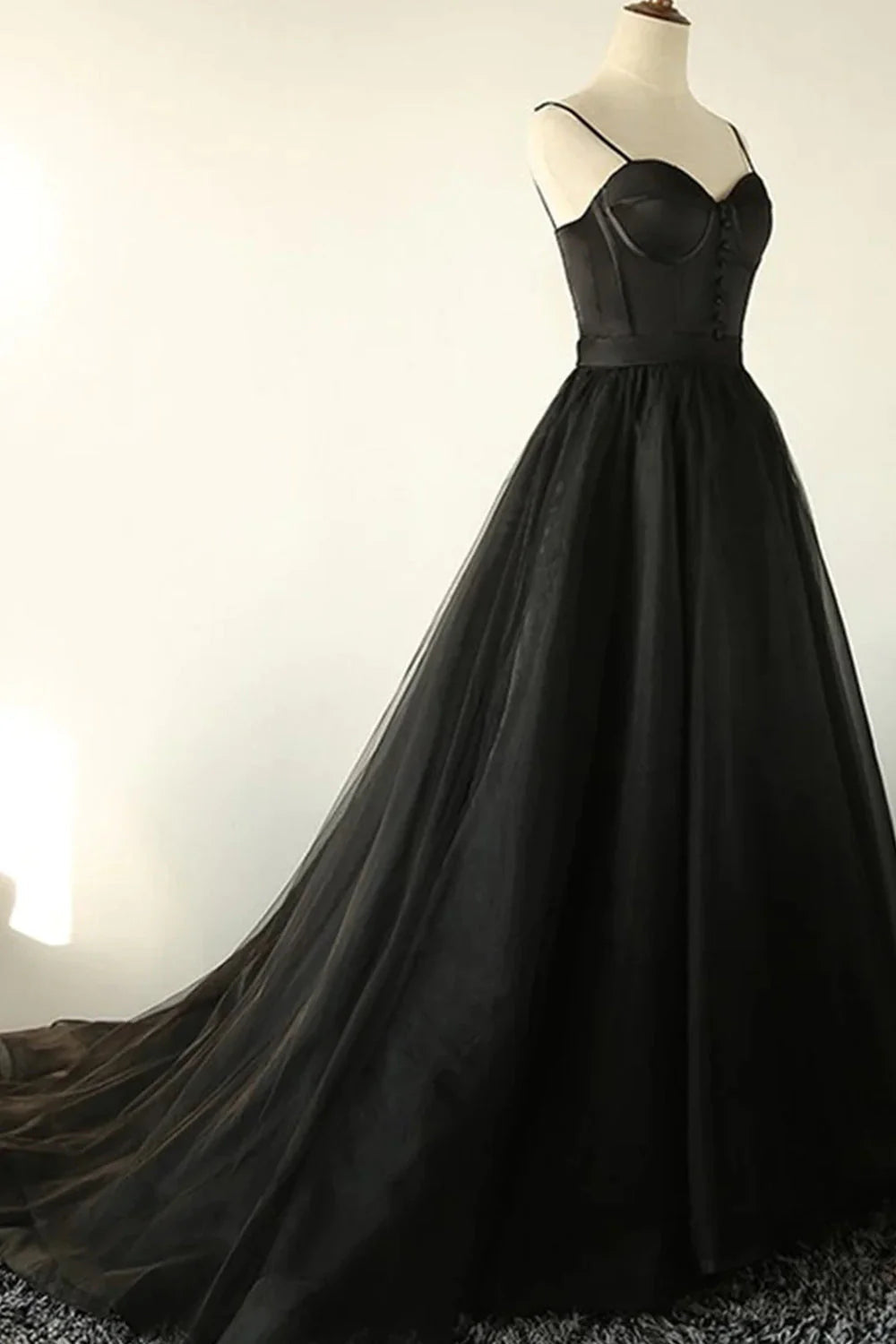 A-Line Tulle Long Prom Dress Off Shoulder Black Pure Color