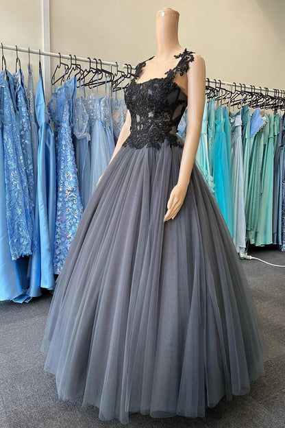 Tulle Corset Long Prom Dress with Appliques Black Beautiful