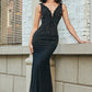 Glitter Mermaid Deep V Neck Black Lace Long Prom Dress with Beading Sexy Evening Dresses
