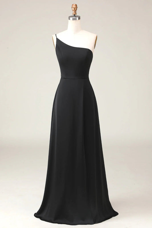 A-line Chiffon One Shoulder Floor Length Bridesmaid Dress Black Sexy