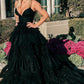 A-Line Deep V Neck Tiered Long Prom Dress Sexy