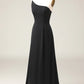 A-line Chiffon One Shoulder Floor Length Bridesmaid Dress Black Sexy