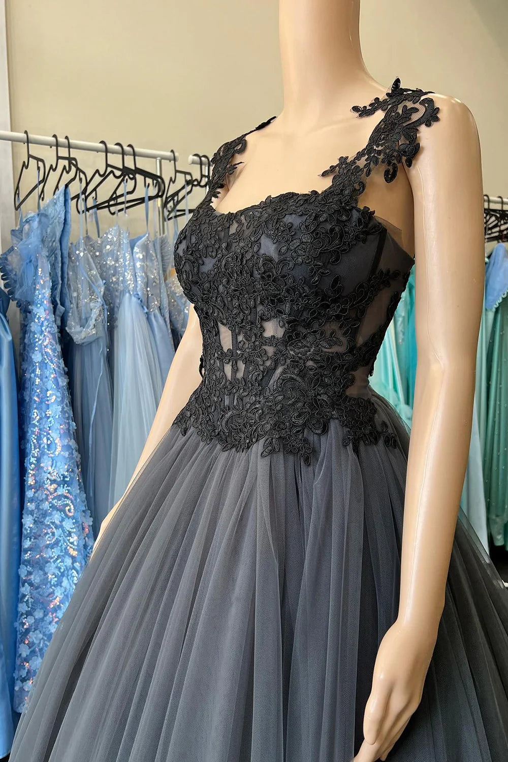 Tulle Corset Long Prom Dress with Appliques Black Beautiful