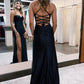 Black Spaghetti Straps Satin Prom Dress with Slit Long Sexy
