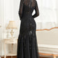 Black Mermaid Round Neck Long Prom Dress With Appliques Sparkly Evening Dresses