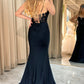 Mermaid Spaghetti Straps Corset Black Prom Dress With Appliques Sexy Evening Dresses