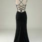 Mermaid Lace-Up Back Long Prom Dress Black Sexy Pure Color