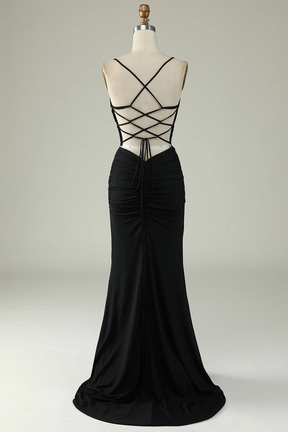 Mermaid Lace-Up Back Long Prom Dress Black Sexy Pure Color