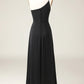 A-line Chiffon One Shoulder Floor Length Bridesmaid Dress Black Sexy