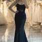 Mermaid Spaghetti Straps Corset Black Prom Dress With Appliques Sexy Evening Dresses