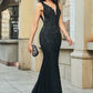 Glitter Mermaid Deep V Neck Black Lace Long Prom Dress with Beading Sexy Evening Dresses