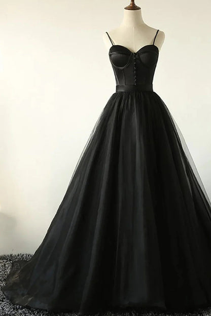 A-Line Tulle Long Prom Dress Off Shoulder Black Pure Color