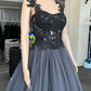 Tulle Corset Long Prom Dress with Appliques Black Beautiful