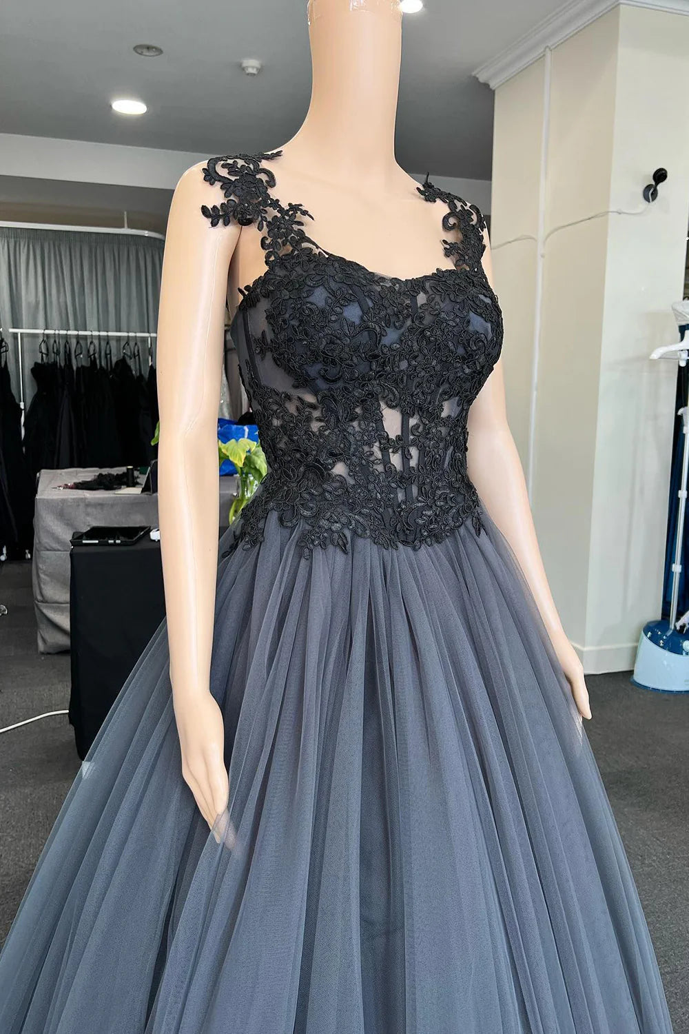 Tulle Corset Long Prom Dress with Appliques Black Beautiful