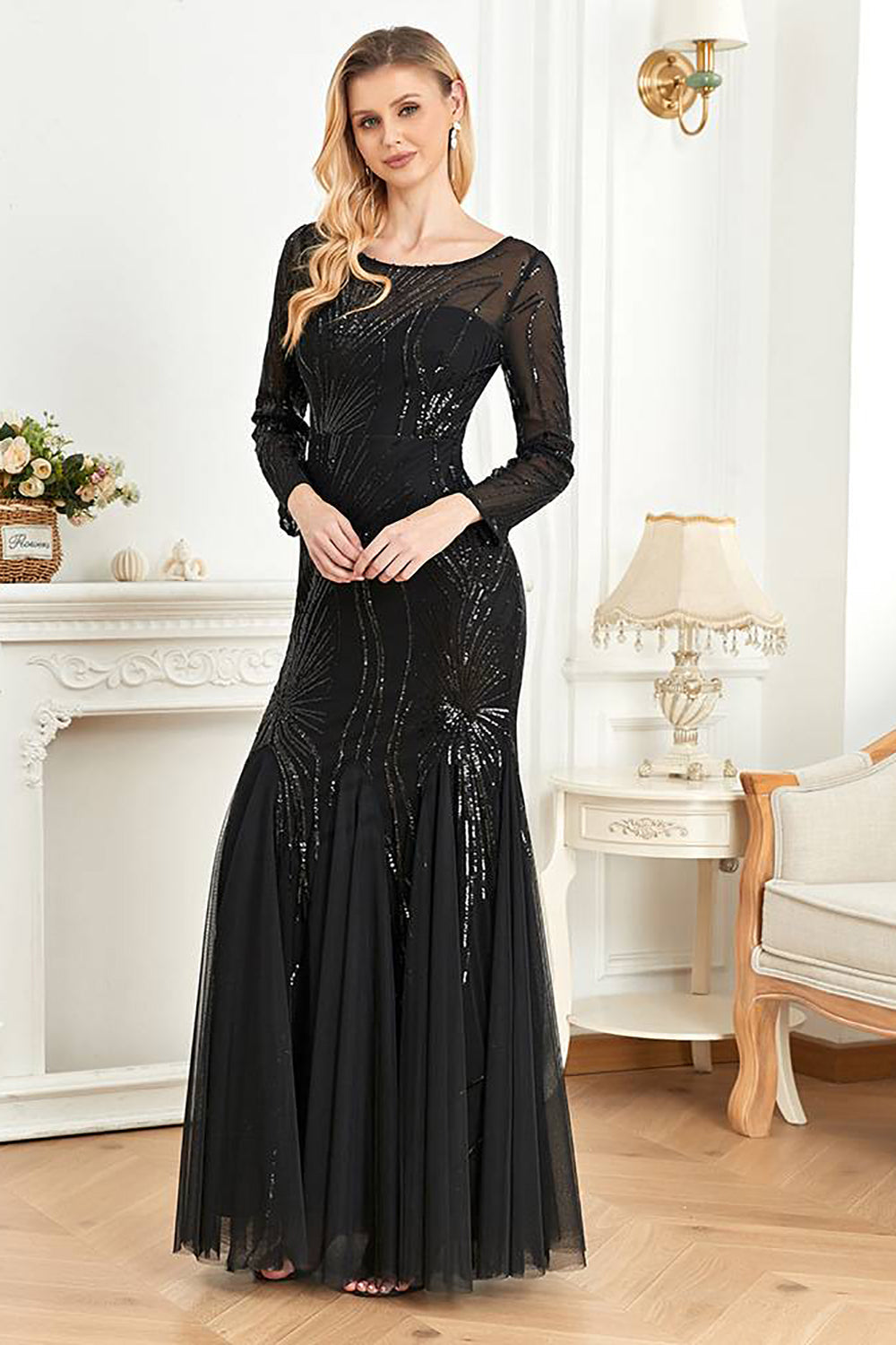 Black Mermaid Round Neck Long Prom Dress With Appliques Sparkly Evening Dresses