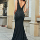 Glitter Mermaid Deep V Neck Black Lace Long Prom Dress with Beading Sexy Evening Dresses