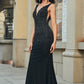 Glitter Mermaid Deep V Neck Black Lace Long Prom Dress with Beading Sexy Evening Dresses