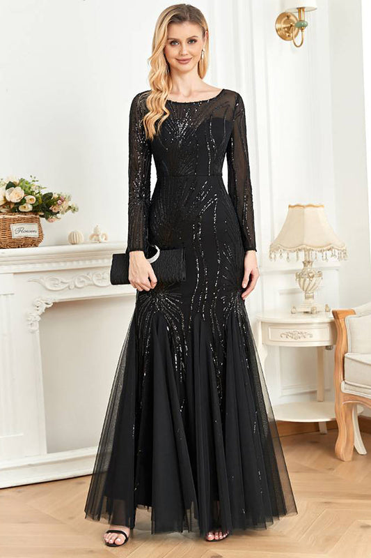 Black Mermaid Round Neck Long Prom Dress With Appliques Sparkly Evening Dresses
