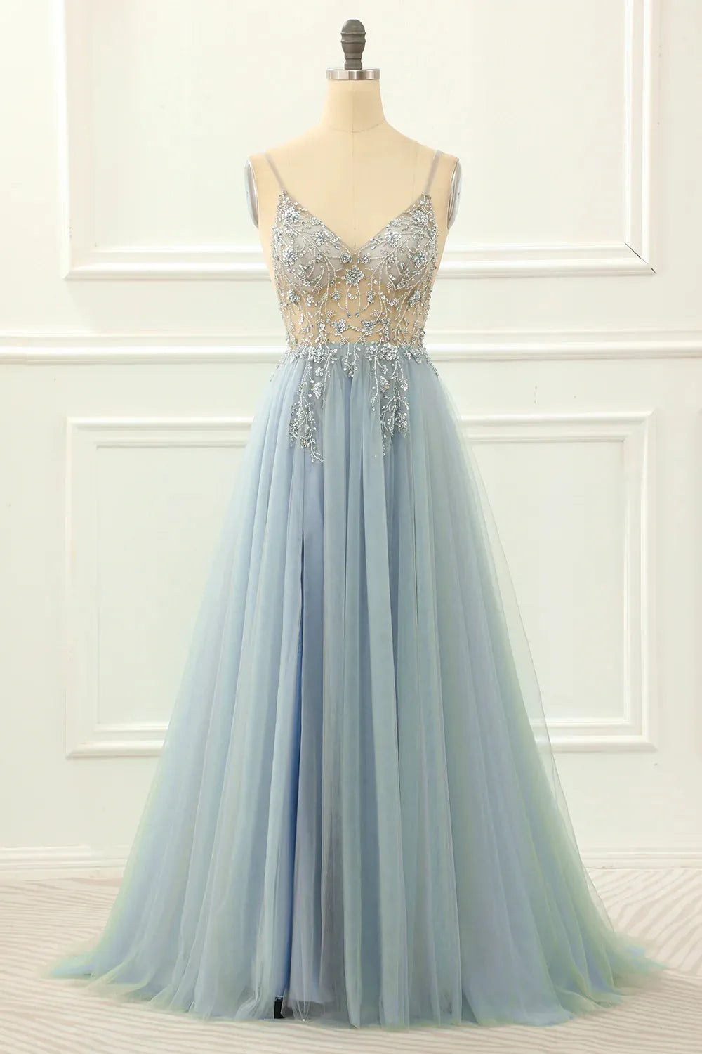 A-line Spaghetti Straps Long Prom Dress with Beading V-neck