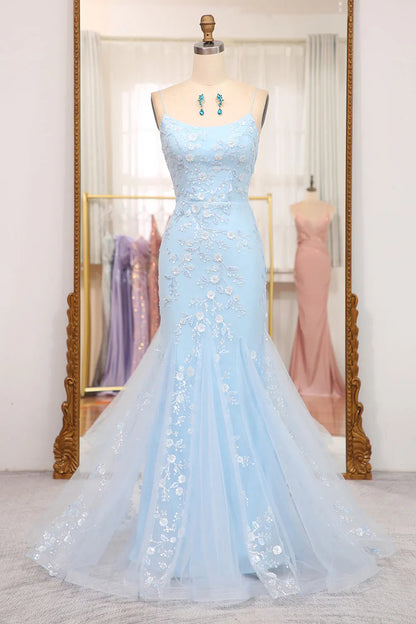 Mermaid Spaghetti Straps Lace Up Long Prom Dress With Sequin Sky Blue