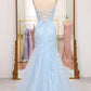 Mermaid Spaghetti Straps Lace Up Long Prom Dress With Sequin Sky Blue