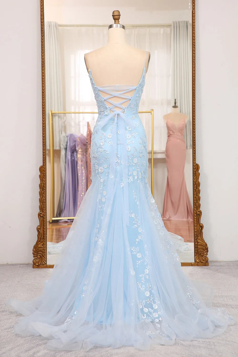 Mermaid Spaghetti Straps Lace Up Long Prom Dress With Sequin Sky Blue