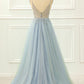 A-line Spaghetti Straps Long Prom Dress with Beading V-neck