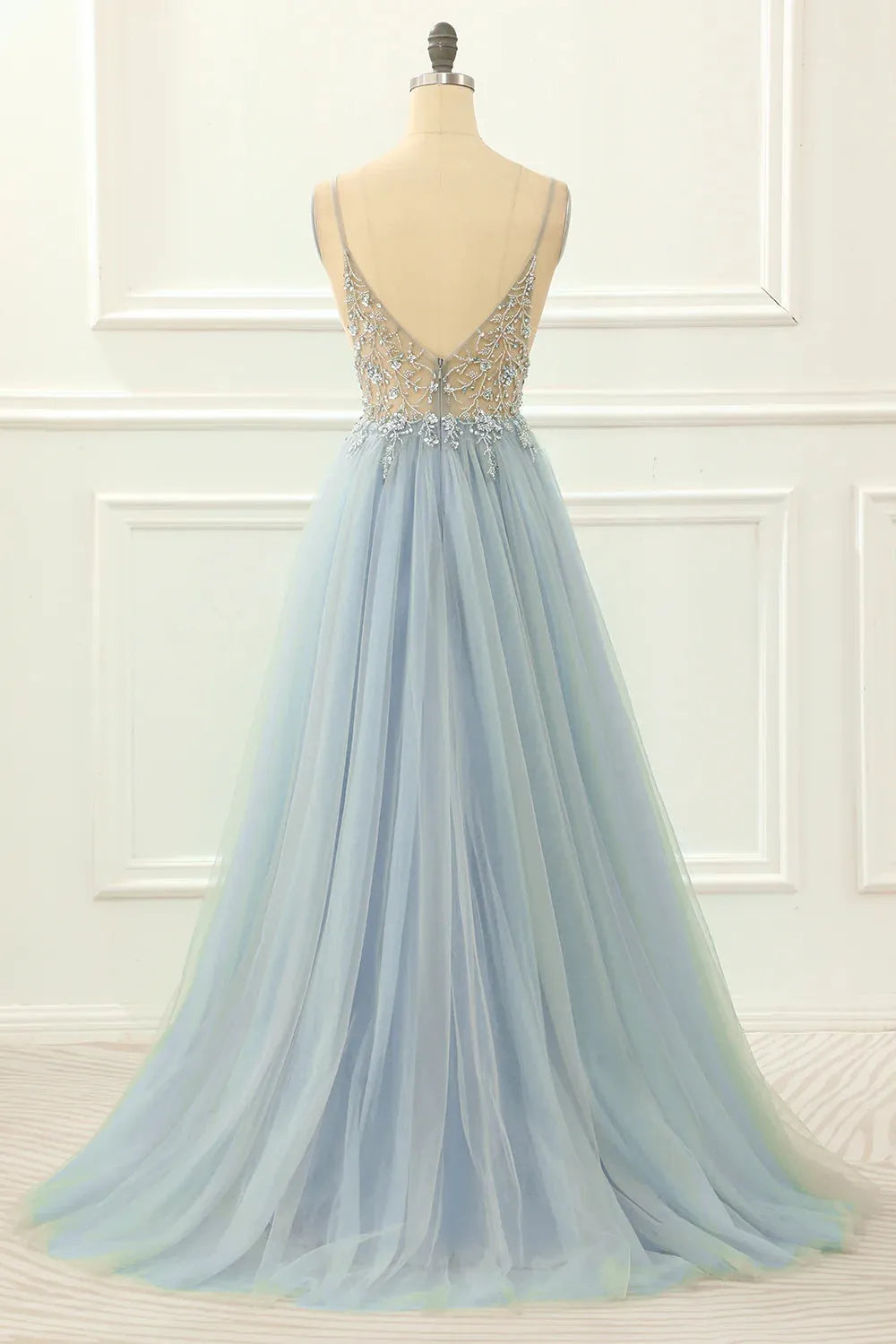 A-line Spaghetti Straps Long Prom Dress with Beading V-neck