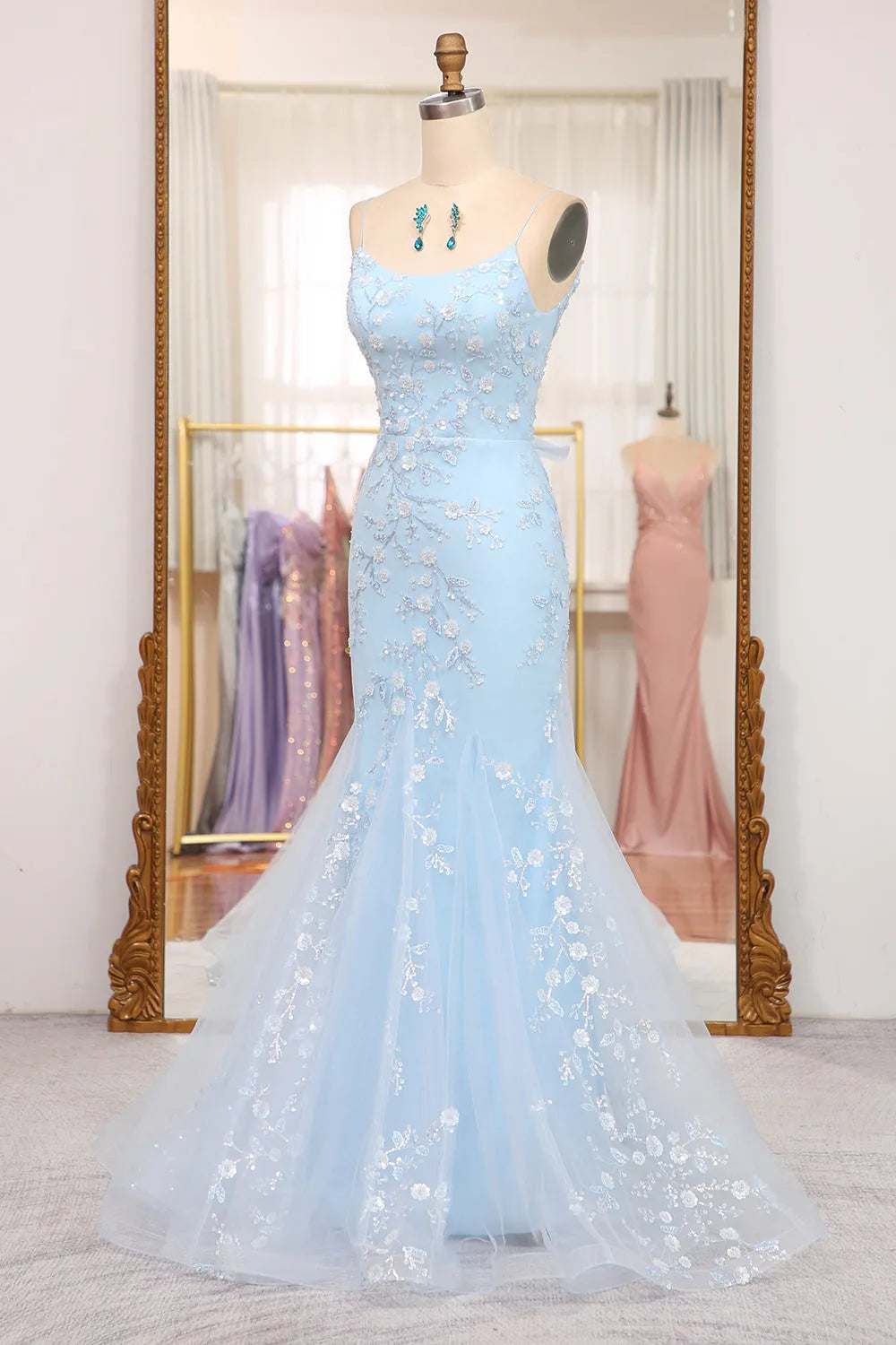 Mermaid Spaghetti Straps Lace Up Long Prom Dress With Sequin Sky Blue