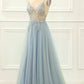 A-line Spaghetti Straps Long Prom Dress with Beading V-neck