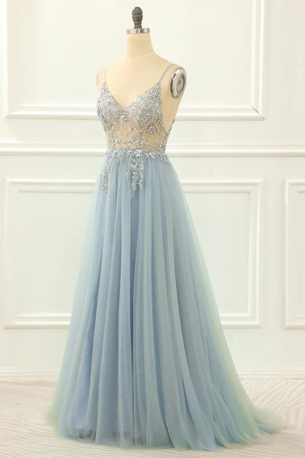 A-line Spaghetti Straps Long Prom Dress with Beading V-neck