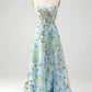 A Line Spaghetti Straps Front Slit Tulle Applique Long Prom Dress With Embroidery With Flowers