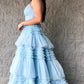 A-Line Deep V Neck Tiered Long Prom Dress Sexy