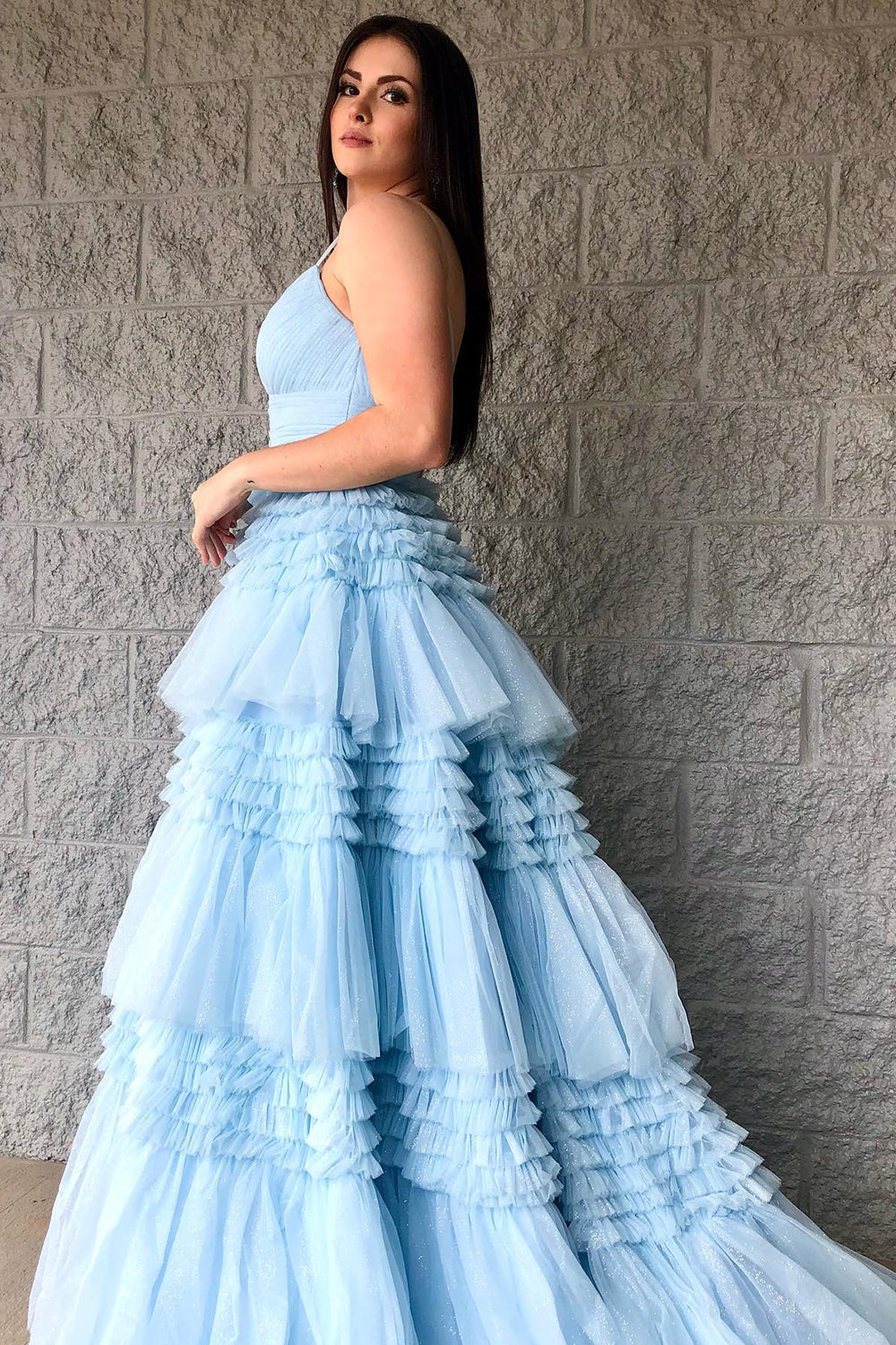 A-Line Deep V Neck Tiered Long Prom Dress Sexy