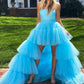 Blue A-Line High Low Strapless Homecoming Dress with Ruffles Off Shoulder