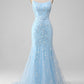 Blush Mermiad Spaghetti Straps Long Prom Dress with Appliques Light Blue With Flowers