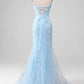 Blush Mermiad Spaghetti Straps Long Prom Dress with Appliques Light Blue With Flowers