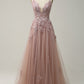 A Line Spaghetti Straps Grey Blue Long Prom Dress with Appliques Sexy