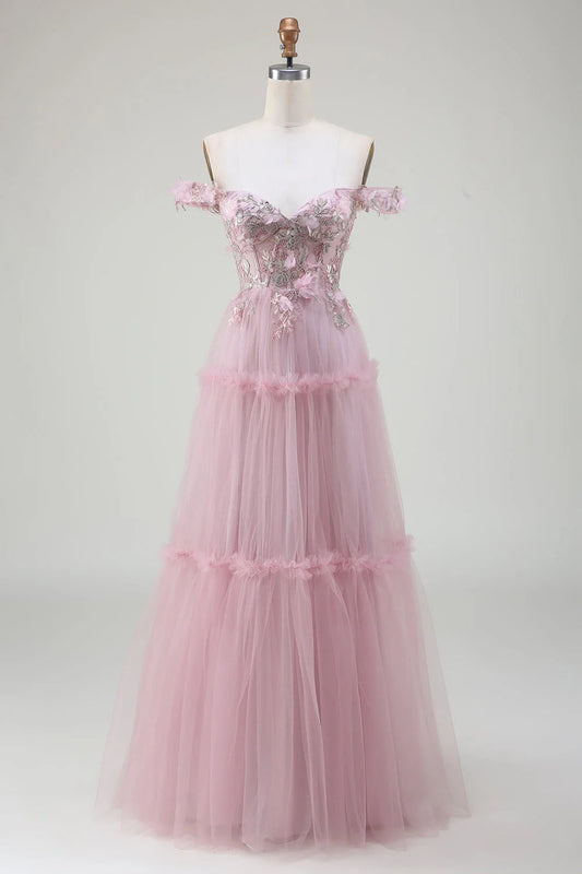 Off the Shoulder Tulle Prom Dress with Appliques Long With Flower